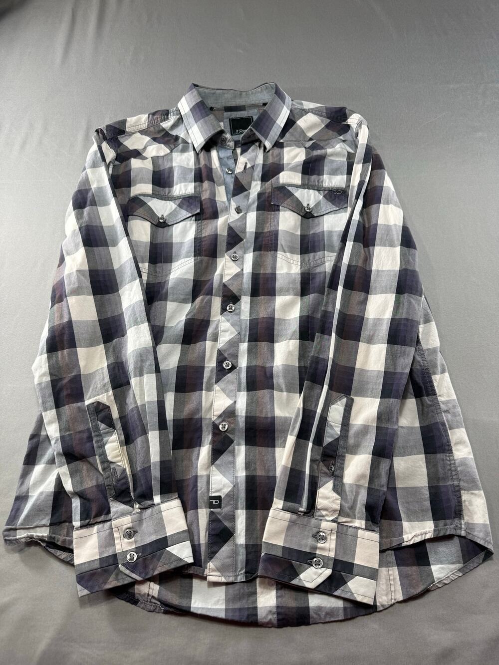 7 Diamonds Men’s Plaid Button Front Shirt Long Sleeve Gray Purple Western  L